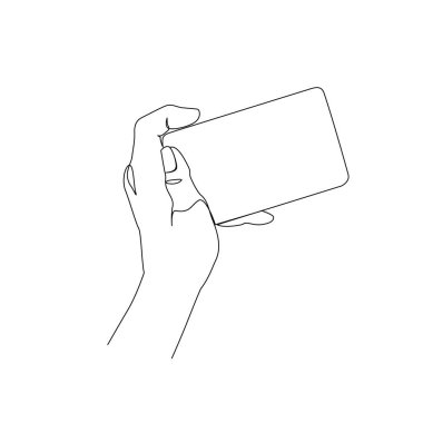 El ele tutuşan akıllı telefon beyaz arka planda izole edilmiş resim çizimi için en az bir çizgi. Sosyal medyada akıllı telefon sörfü, video kesintisiz çizgi sanatı. Vektör İllüstrasyonu.