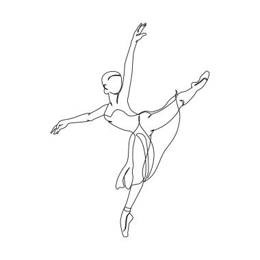 Dans eden kadın sürekli beyaz arka planda izole edilmiş tek bir çizgi çiziyor. Bale dansçısı vücut özgürlüğü kavramı. Minimum balerin posteri baskısı. Çizgi çizimi tasarım vektörü grafik çizimi