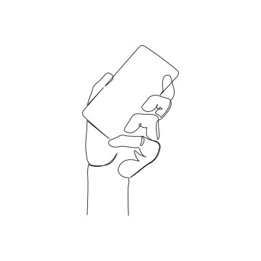 El ele tutuşan akıllı telefon beyaz arka planda izole edilmiş resim çizimi için en az bir çizgi. Sosyal medyada akıllı telefon sörfü, video kesintisiz çizgi sanatı. Vektör İllüstrasyonu.