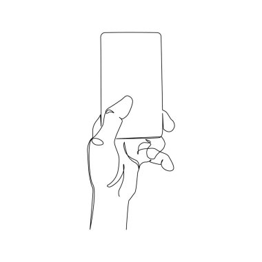 El ele tutuşan akıllı telefon beyaz arka planda izole edilmiş resim çizimi için en az bir çizgi. Sosyal medyada akıllı telefon sörfü, video kesintisiz çizgi sanatı. Vektör İllüstrasyonu.