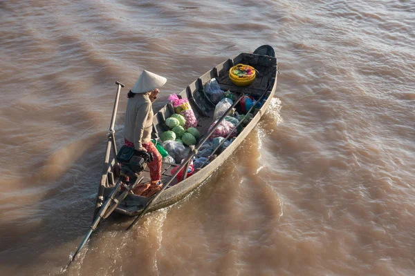 Vietnami Kúpos Kalapban Vásárolni Eladni Hajó Csónak Hajó Cai Rang — Stock Fotó