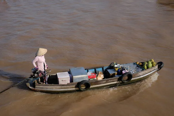 Vietnamská Žena Kónickou Kupovat Prodávat Loď Člun Loď Cai Rang — Stock fotografie