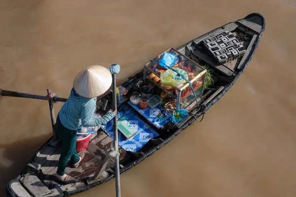Vietnami Kúpos Kalapban Vásárolni Eladni Hajó Csónak Hajó Cai Rang — Stock Fotó