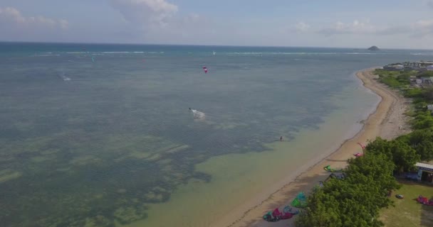 カイト カイト サーフィン トロピカル ブルーの海 明確なビーチでカイト サーフィン極端なスポーツ 航空写真ビュー 美しい海の波のカイト サーフィンのドローンから平面図 — ストック動画