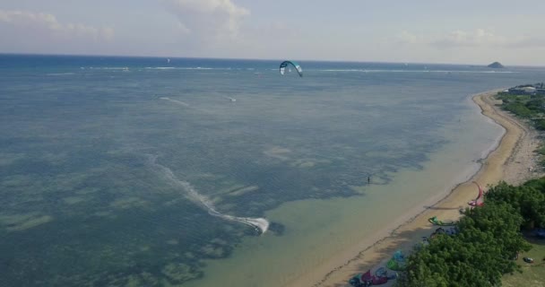 カイト カイト サーフィン トロピカル ブルーの海 明確なビーチでカイト サーフィン極端なスポーツ 航空写真ビュー 美しい海の波のカイト サーフィンのドローンから平面図 — ストック動画