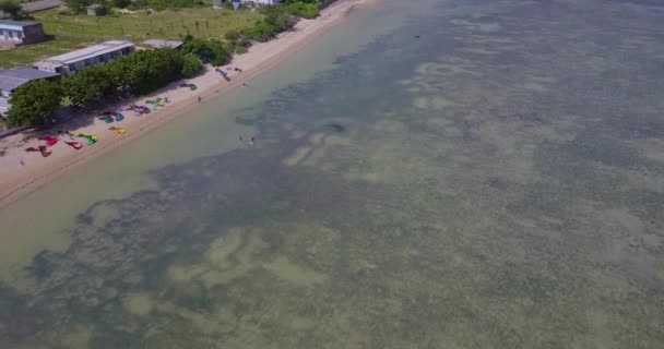 カイト カイト サーフィン トロピカル ブルーの海 明確なビーチでカイト サーフィン極端なスポーツ 航空写真ビュー ベトナムの美しい海の波のカイト サーフィンの平面図 — ストック動画