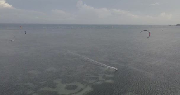 カイト カイト サーフィン エクストリーム スポーツのトロピカル ブルーの海 明確なビーチでカイト サーフィン 航空写真ビュー 美しい海の波のカイト — ストック動画