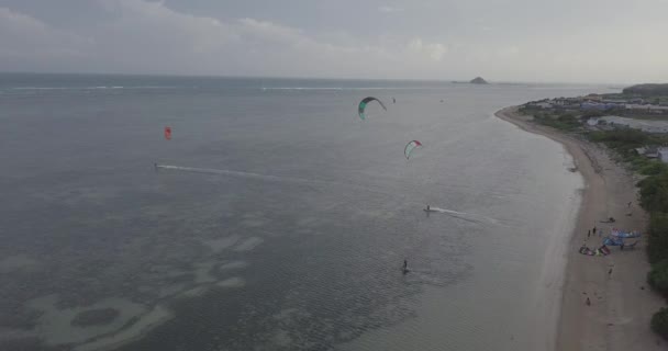 カイト カイト サーフィン エクストリーム スポーツのトロピカル ブルーの海 明確なビーチでカイト サーフィン 航空写真ビュー 美しい海の波のカイト — ストック動画