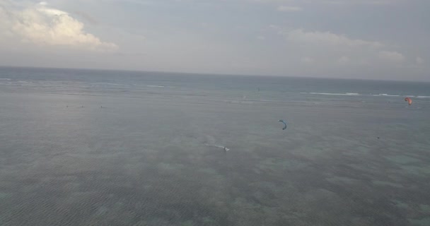 カイト カイト サーフィン トロピカル ブルーの海 明確なビーチでカイト サーフィン極端なスポーツ 航空写真ビュー ベトナムの美しい海の波のカイト サーフィンの平面図 — ストック動画