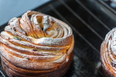 Kek pasta krizi bir rulo şeklinde koyu arka plan ve antika bir ızgara üzerinde pudra şekeri serpilir. Paskalya ve Noel pişirme. Üstten Görünüm, metin, yer yakın çekim.