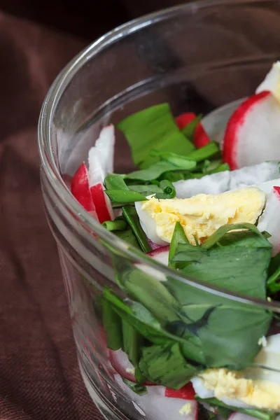 Salada Vegan Vegetal Ramson Rabanete Cebolas Verdes Ovos Cozidos Uma — Fotografia de Stock