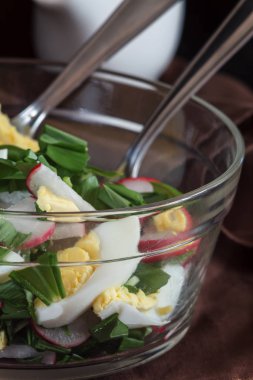 Sebze vejetaryen salata ramson, turp, yeşil soğan ve retro tedavisinde karanlık bir beton zemin üzerine beyaz bir tabak içinde haşlanmış yumurta. Yakın çekim, en iyi görünüm, flatlay. Sağlıklı beslenme kavramı