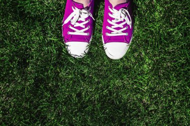 Yeşil çimenlerin üzerinde eski pembe spor ayakkabılar bacaklar. Yukarıdan görüntüleyin. Gençlik, bahar ve Özgürlük kavramı.