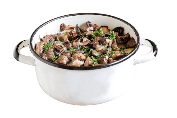 White Old Enameled Pot Stewed Potatoes Mushrooms Meat Isolated White — Stock Photo, Image