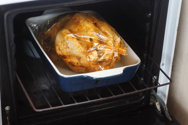 Pollo Horno Apetitoso Con Corteza Tostada Dorada Cocinada Horno Una — Foto de Stock