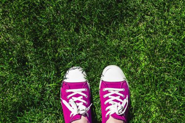 Yeşil çimenlerin üzerinde eski pembe spor ayakkabılar bacaklar. Yukarıdan görüntüleyin. Gençlik, bahar ve Özgürlük kavramı.