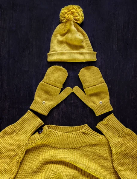 Cap Pompon Mittens Sweater Yellow Orange Color Dark Wooden Background — Stock Photo, Image