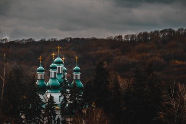 Birkaç çatılarda birçok haç ile katedral Manastırı kasvetli bir gökyüzü altında sonbahar kırmızı-Ozan ağaçlarıyla dağda görülebilir. Manzara.