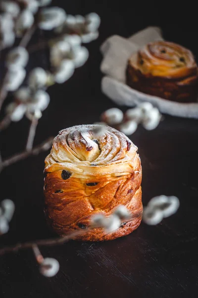 Пасхальний пиріг з глазурованим цукром на темному тлі і дотепністю — стокове фото