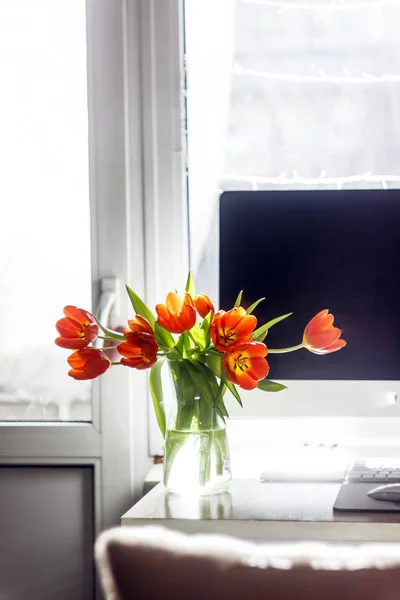 Czerwone tulipany w wazonie stoją w pobliżu monitora komputerowego. Koncepcja — Zdjęcie stockowe
