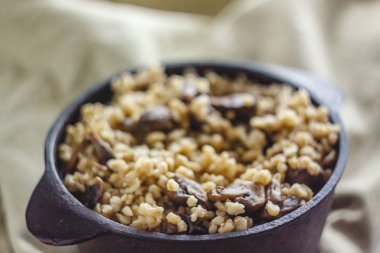 Mantarlı bulgur lapası tenceresi için pişirilir. Concep