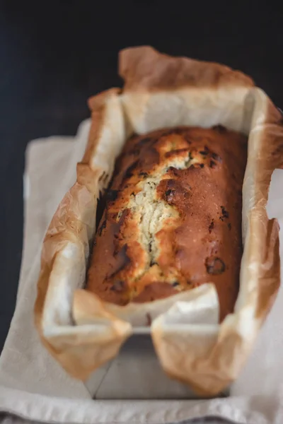 Rectangular ruddy metropolitan cake-bread in a metallic baking d