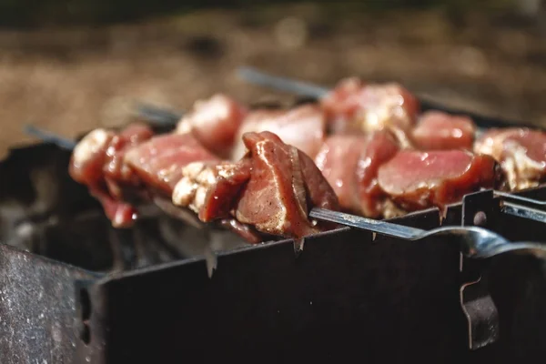 Brochetas de carne para kebabs a la parrilla n parrilla en la calle —  Fotos de Stock