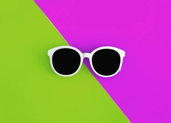 Солнечные стильные белые солнцезащитные очки на ярко-зеленом и малиново-розовом фоне, вид сверху, изолирован. Принято. Плоский лежал — стоковое фото