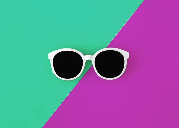 Sunny stylish white sunglasses on a bright green-cyan and crimson-pink background, top view, isolated. Copy space. Flat lay — Stock Photo, Image