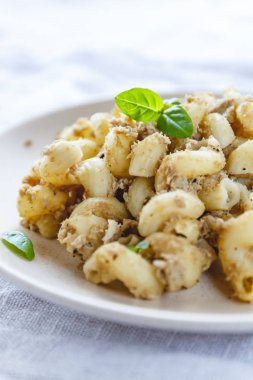 geleneksel sovyet rus makarna çanak, erişte, lacivert makarna, hafif kumaş arka plan üzerinde beyaz bir tabak üzerinde et ile. Yukarıdan Minimalizm Görünümü.