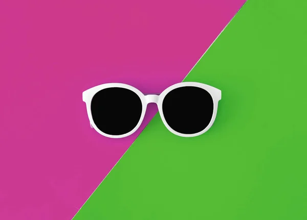 Occhiali da sole bianchi eleganti e soleggiati su uno sfondo verde-ciano brillante e rosa cremisi, vista dall'alto, isolato. Ricevuto. Posa piatta — Foto Stock