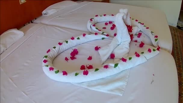 Coração Cisnes Feitos Toalhas Com Flores Cor Rosa Cama Hotel — Vídeo de Stock