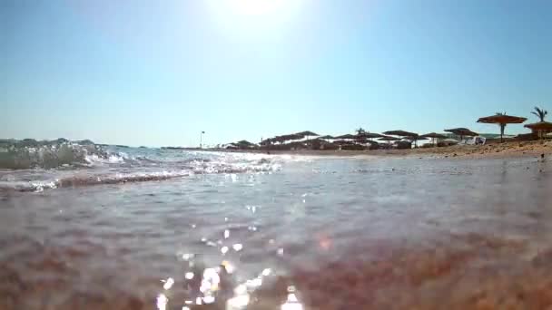 Vidéo d'une caméra qui se balade sur les vagues du surf près du rivage avec des parasols et des chaises longues au toit de chaume, un coin rond super large. Mouvement lent Mouvement standard . — Video