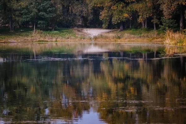 Paisaje reflejado en un lago de otoño de bosque en estilo retro, bajo película —  Fotos de Stock