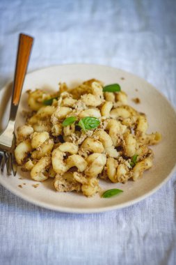 geleneksel sovyet rus makarna çanak, erişte, lacivert makarna, hafif kumaş arka plan üzerinde beyaz bir tabak üzerinde et ile. Yukarıdan Minimalizm Görünümü.
