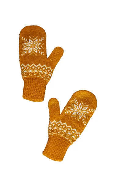 Pair of yellow orangeknitted mittens with christmas pattern isolated on — Stock Photo, Image