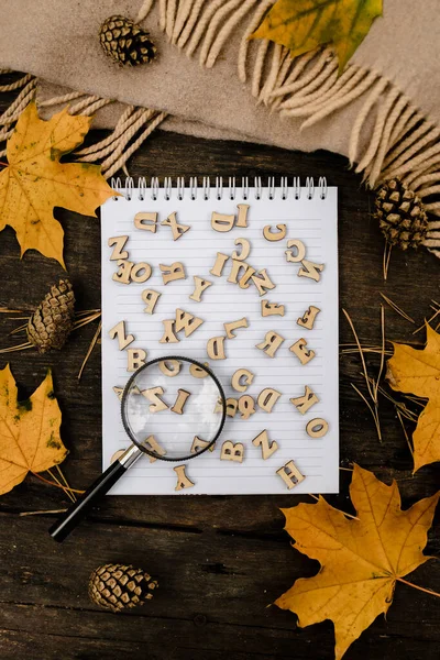 Notizbuch mit Holzbuchstaben und einer Lupe auf dunklem Hintergrund mit einem Schal, kariert, um herbstgelbe Blätter und Tannenzapfen. Blick von oben. flach lag. Kopierraum. — Stockfoto