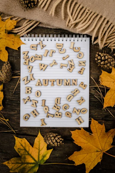 白色空白笔记本和钢笔，用木制字母写着"秋天"这个词用围巾、格子花和杯子、秋天的黄叶和松果环绕在黑暗的背景上。 从上往下看 平面的，模糊的 — 图库照片