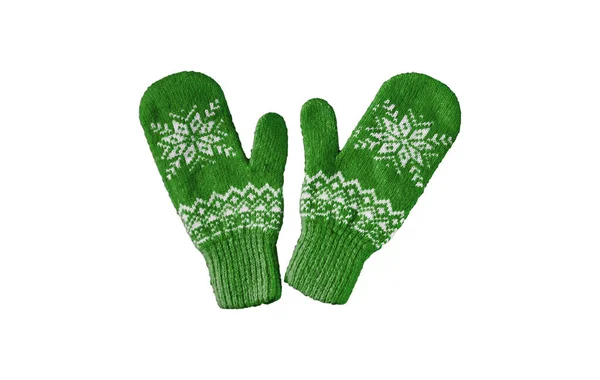 Pair of green knitted mittens with christmas pattern isolated on — Stock Photo, Image