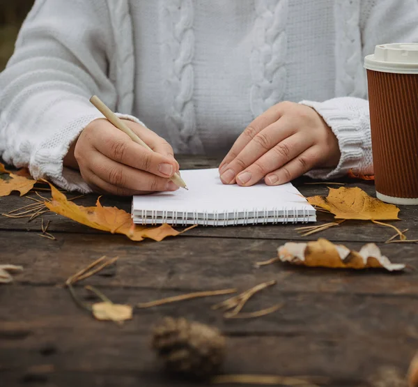 Manos humanas con una taza de café y bufanda en la mesa de madera con cuaderno y bolígrafo y hojas de otoño. Manos humanas con una taza de café y bufanda en la mesa de madera — Foto de Stock
