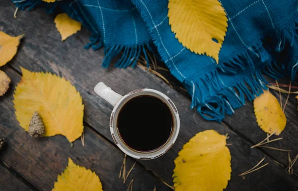 가을 공원에 있는 낡은 나무 탁자 위에 차 커피 한 잔 이있습니다. 푸른색의 따뜻 한 플 라미드 스카프 에 노란색 잎사귀와 솔방울 이 여기저기흩어져 있다. 위에서 본 것은 흐릿 합니다. 가을의 따뜻 한 음침 한 분위기 복사 공간 — 스톡 사진