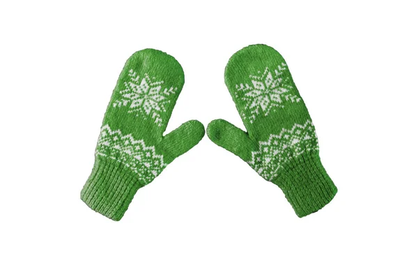 Pair of green knitted mittens with christmas pattern isolated on — Stock Photo, Image