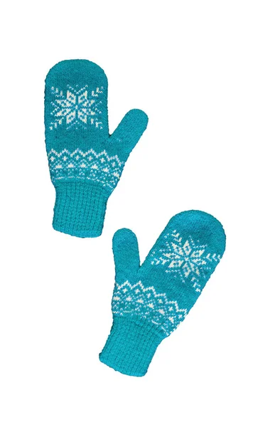 Pair of blue knitted mittens with christmas pattern isolated on — Stock Photo, Image