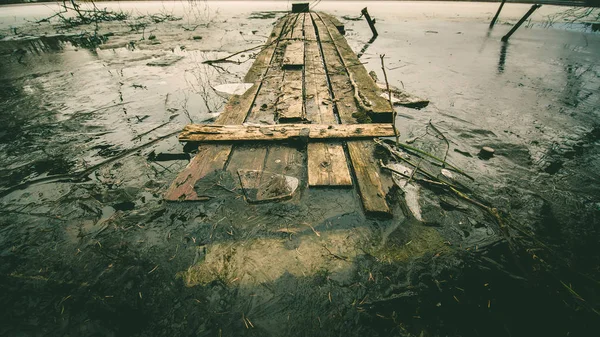 Ruined Wooden Bridge Lake — Stock Photo, Image