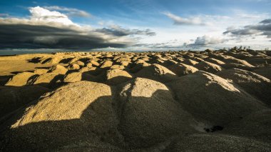 Sandy tepeler. Sandy Kanyonu. Sıcak renkler arka plan. Sarı kumtaşı dokulu dağ, beyaz ince kumul, parlak gökyüzü