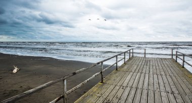 Paslı köprü cansız Denizi, Hazar Denizi Eylül ayı başlarında, budak sahilde mavi gökyüzü altında germe