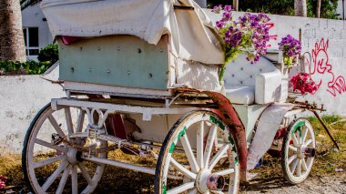 Sokakta eski ahşap beyaz sepeti ile Pastoral bahçe