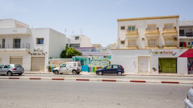 Hammamet Medine sokakları mavi duvarlarla. Tunis, Kuzey Afrika