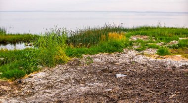 Körfezde kumlu plaj ve günbatımı