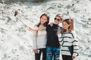 üç arkadaş bir doog grubu samoyed makind selphie bir plajda doğurmak